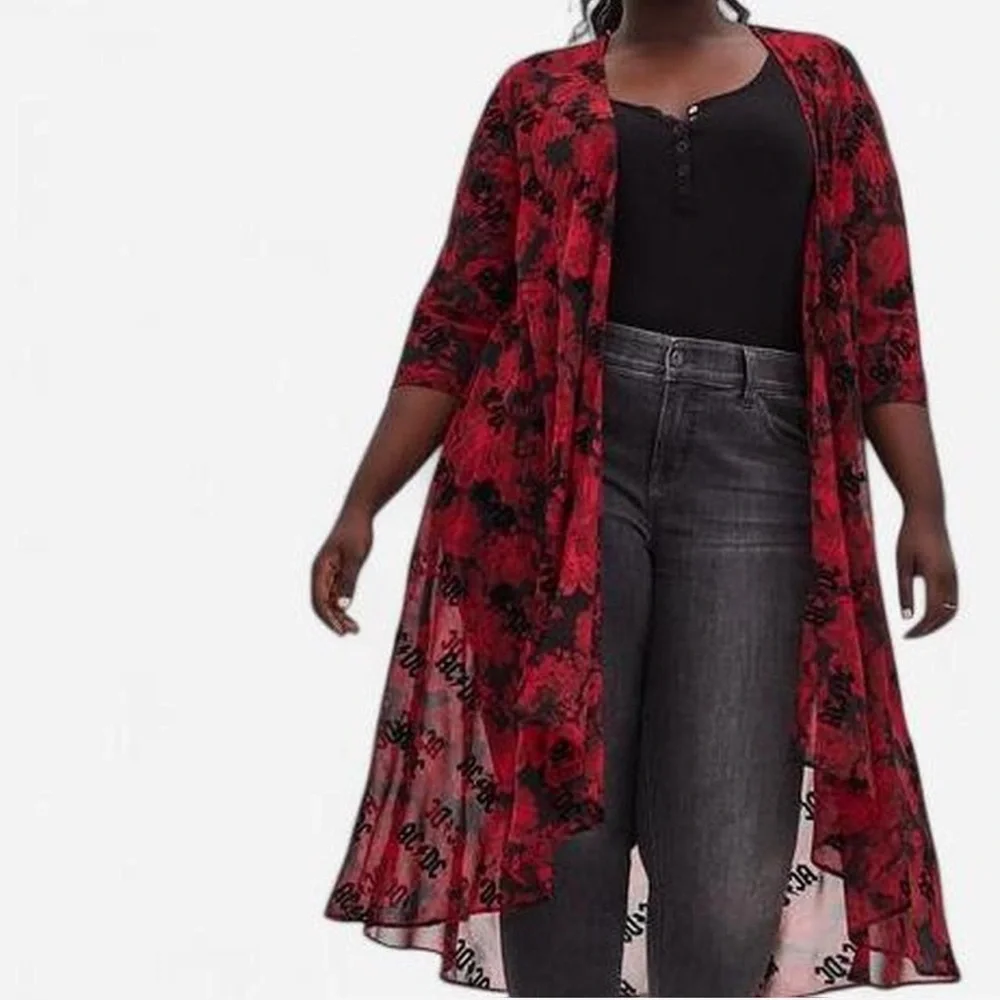 AC/DC Torrid Black & Red Floral Chiffon Hi-Lo Kimono - Picture 1 of 7